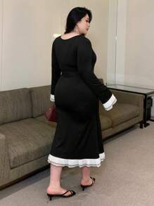 Dazy Plus Solid Color Splicing Square Neck Wrap Long Dress, Spring Summer Autumn Party Women Dresses Milkmaid Dress,Ruffle