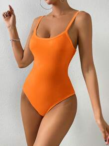 SHEIN EZwear Casual Simple Solid Color Camisole Bodysuit - Orange - View 4