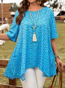 EMERY ROSE Camisa informal suelta de manga corta con cuello redondo, doble bolsillo y bajo asimétrico, con estampado floral azul tipo "ditsy" para mujer de talla grande, vestimenta occidental, atuendo de vacaciones apropiado para el verano