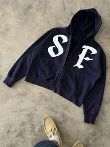 SHEIN Manfinity Dauomo Áo khoác trùm đầu tay dài có khóa kéo phía trước dành cho nam, mặc thường ngày - Màu xanh hải quân - Xem 1