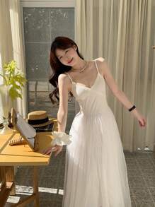 DAZY Women's Casual Layered Net Mesh Midi Dress - White - View 5