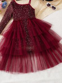 SHEIN Glamorique Kids Đầm công chúa lưới lấp lánh thanh lịch cho bé gái thời trang thường ngày - Màu Đỏ Sâu - Xem 3