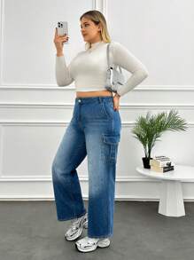 RueChic High Waist Cargo Pocket Straight Jean - Medium Wash - View 7