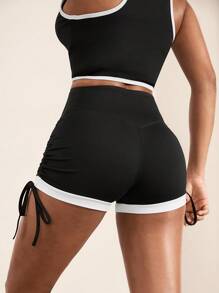 Hanevo Contrast Color Hem & Side Drawstring Yoga Shorts Sportwear For Daily Wear - Black - View 2