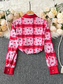 SHEIN LUNE Valentine's Day Heart-Shaped Red Ribbon Bow Decor Shirt