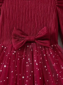Glamorique Kids Fete tinere, magenta, paiete și plasă, decor stea, guler cu mânecă lungă, fundă, rochie de prințesă, petrecere și ocazie de Valentine, primăvară/toamnă