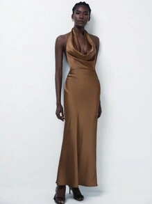 Aveloria Modichic Elegant Satin Plunging Backless Dress, Brown Color, Suitable For Party - Brown - View 3