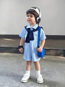 SHEIN Leap Crew 新生男婴/女婴休闲可爱蓝色格子短袖连体衣带斗篷，夏季 - 藍色 - 查看 4