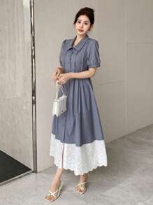 DAZY Vestido camisero de mujer midi con mangas abullonadas y bloques de color para usar al aire libre