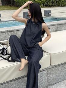 DAZY Washed Slit Vest And Wide Leg Jeans Women Denim 2pcs Suit Vacation Outfits Women - Dark Wash - View 1