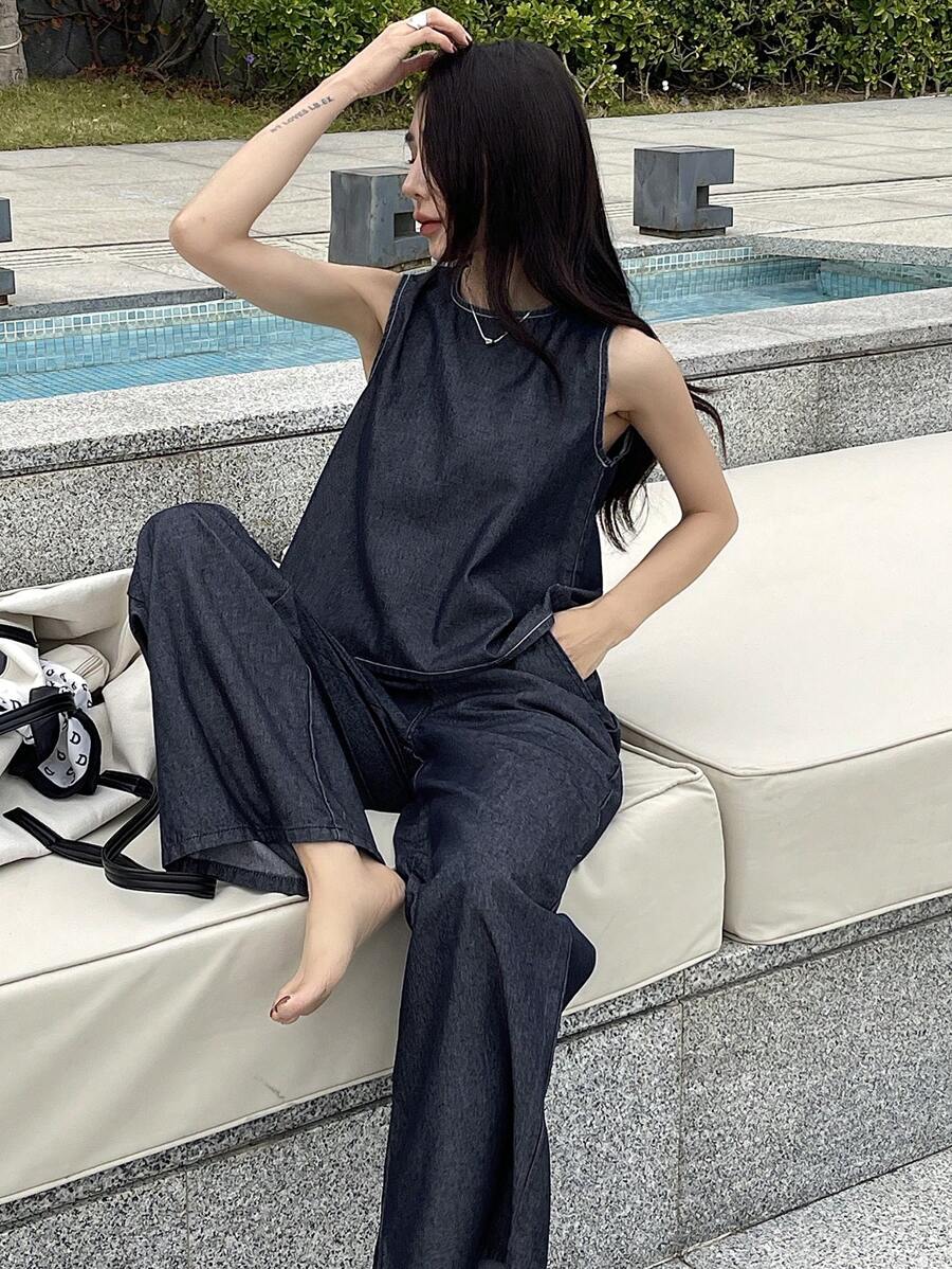 DAZY Washed Slit Vest And Wide Leg Jeans Women Denim 2pcs Suit Vacation Outfits Women - Dark Wash - View 1