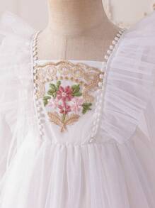 Glamorique Kids Váy công chúa thêu hoa lưới xếp nếp thanh lịch dễ thương cho bé gái mùa xuân/hè - trắng - Xem 7