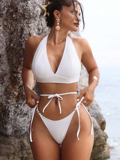 Swim SXY 2pcs/Set Women Beach Outfits - Solid Color Strappy Top And Tie Side Bottoms Bikini Set For Summer Beach Vacation