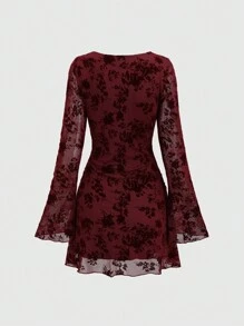 Sweetra Women Elegant Vintage Mesh Flocked Flared Long Sleeve Fitted Mini Dress Fall Cloth For Women