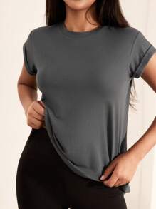 Hanevo Women Casual Solid Color Lace-Up Back Slit T-Shirt Sportwear For Daily Wear - Dark Grey - View 4