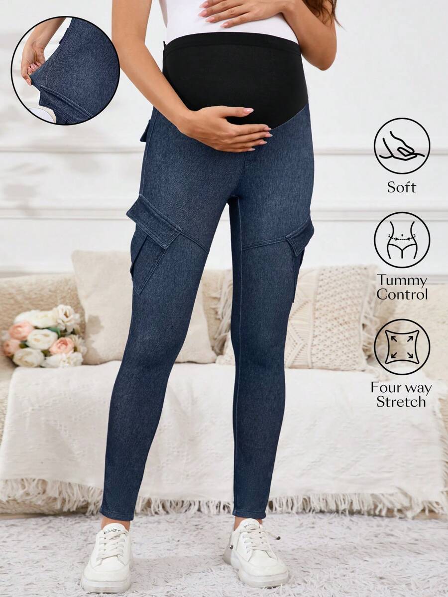 SHEIN Adjustable Waist Maternity Tight-Fit Casual Denim Pants With Pockets,Stretchy Knit Jeans - Medium Wash - View 1