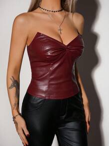 SHEIN ICON Ropa para el Día de San Valentín Parte superior bandeau de tubo veraniego Elegante retro Oscuro gótico Copa puntiaguda Camisola corta de PU