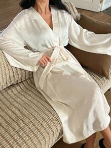 DAZY Satin Jacquard Loose Fit Long Robe Pajama, Fall, Winter - White - View 5