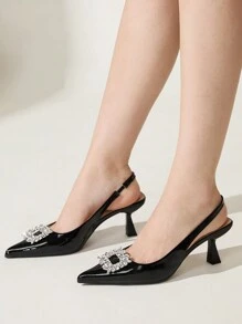 CUCCOO CHICEST 女士水钻扣尖头露跟小猫高跟鞋，优雅舒适的一脚蹬封闭式尖头派对礼服高跟鞋，适合秋冬季，黑色中跟鞋