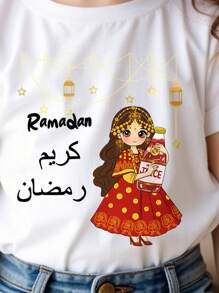 SHEIN Leap Crew Islamic Young Girl Casual Pattern Short Sleeve T-Shirt - White - View 4