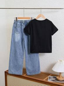 SHEIN Wildeya Set de 2 piezas Conjunto de ropa de verano informal para niñas preadolescentes - Jeans de mezclilla y set de top, ropa para niñas preadolescentes