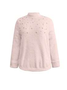 Plus Size Women's Autumn/Spring Beaded & Furry Mock Neck Pullover Sweater Fall - Pink - View 4