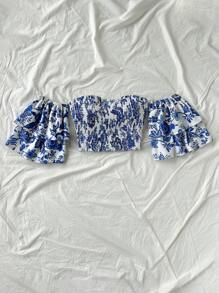 Soleia New Spring/Summer Ruffle Trim Print Bustier Top For Women,Beach For Woman,Backless,Cowgirl,Rave Festival,Old Money - Blue - View 4