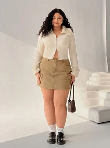 SHEIN EZwear Cárdigan de talla grande para mujer, de unicolor y con acabado fuzzy en patchwork