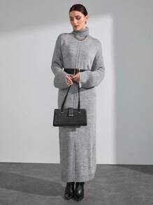 CLARA VERO 女式高领蝙蝠袖套衫长款针织连衣裙 - 淺灰色 - 查看 3