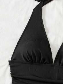SHEIN Swim 2 件套女士黑色深 V 领罗纹露背束腰比基尼泳装套装，优雅的海滩装节日波西米亚风格，适合夏季海滩度假 - 黑色 - 查看 7
