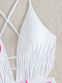 Swim Vcay Springbreak Swim Vcay Women Positioned Print Plunge Backless Criss-Cross Strap One-Piece Swimsuit, Sexy For Summer Holiday
