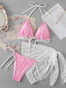 SHEIN Swim 3pcs/Set Women Lace Strap Ruffled Swimwear With Side Tie Bottoms And Drawstring Beach Skirt, Summer Festival Boho - Pink - View 1