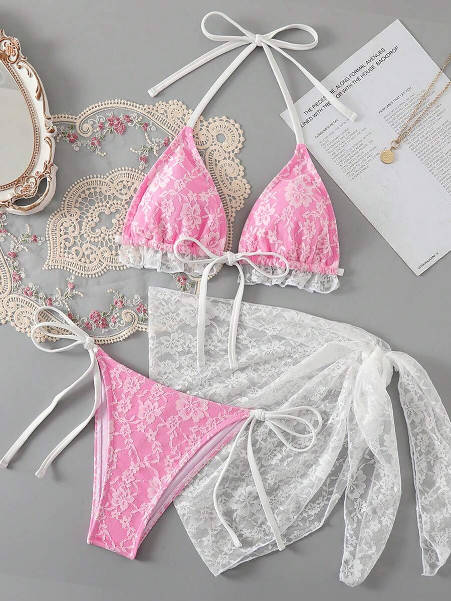 SHEIN Swim 3pcs/Set Women Lace Strap Ruffled Swimwear With Side Tie Bottoms And Drawstring Beach Skirt, Summer Festival Boho - Pink - View 1