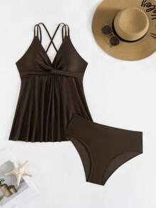 Swim Lushoire Swim Lushore Beach Outfits For Women Summer Solid Color Twist Front Ruffle Trim High Waist Tankini Two Pieces Swimwear - Coffee Brown - View 5