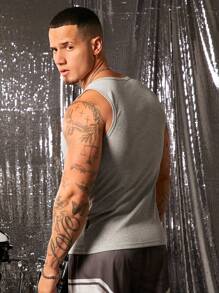 FeverCity 男士字母图案宽松针织无袖背心，夏季 - 灰色 - 查看 4