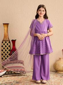 Tween Girl 2pcs Set: Ramadan Ramadan Purple V-Neck Short Sleeve Cropped Top And Solid Color Straight Leg Long Pants, Suitable For School And Casual Outings.
