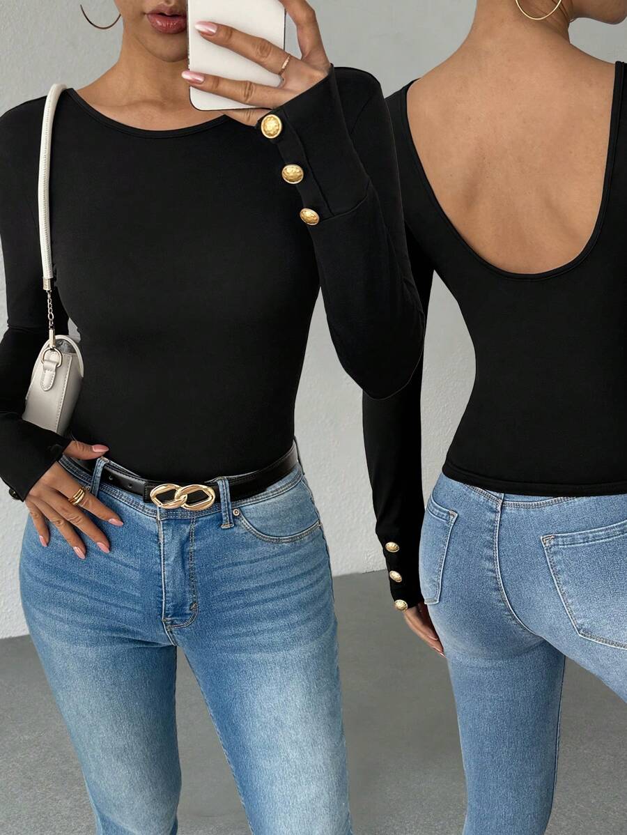 SHEIN LUNE Women's Spring French Style Minimalist Open Back Sleeve Trim Button Fitted Long Sleeve T-Shirt - Black - View 1
