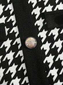 SHEIN Firerie Kids Váy dệt kim cổ tròn tay ngắn họa tiết Houndstooth chắp vá cho bé gái tuổi mới lớn, trang phục thường ngày khi trở lại trường - Đen và trắng - Xem 9