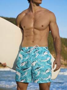 Manfinity Swimmode Men's Shark Print Drawstring Waist Beach Shorts Men Swim Trunks - Blue - View 7