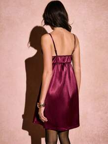 Poéselle 女士勃艮第红蝴蝶结荷叶边迷你连衣裙，情人节服装，简约时尚，适合日常穿着，优雅精致，轻松时尚必备 FW25 - 酒紅色 - 查看 3