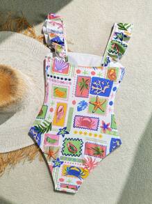 Soleia Women's Tropical Beach Floral Print Patchwork Square Neck Ruffle Trim One-Piece Swimsuit For Summer Beach Vacation