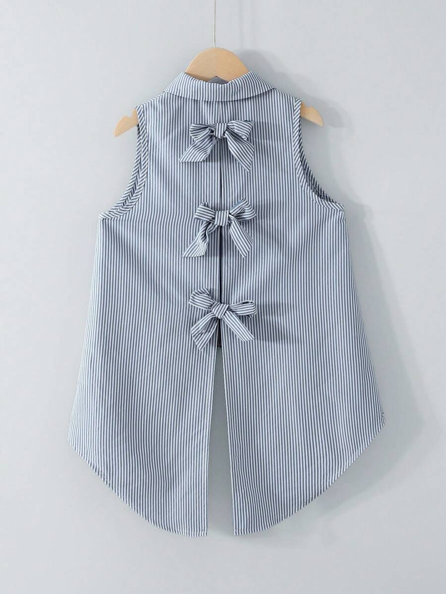 SHEIN Leap Crew 少女优雅无袖编织衬衫，带条纹图案和背部蝴蝶结设计 - 藏蓝色 - 查看 1