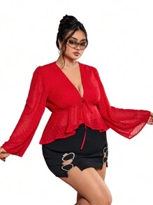 SHEIN ICON 大码酒红色 V 领蝴蝶结娃娃衫，情人节款 - 酒紅色 - 查看 4