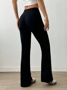 Flirla Quần ống loe màu đen trơn đơn giản cho nữ, cạp thấp, đa năng, mùa xuân và mùa hè - màu đen - Xem 2