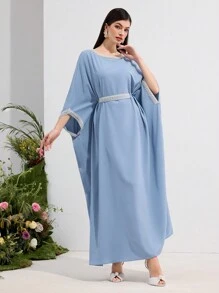 Al Najma 女式纯色仿珍珠装饰长袖阿拉伯连衣裙，端庄