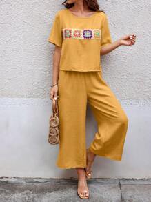 SHEIN LUNE Conjunto de 2 piezas para mujer con mangas cortas y diseño patchwork de estilo bohemio
