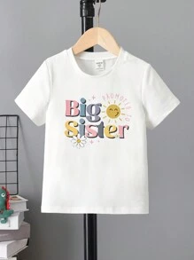 Young Girl "Big Sister" Sunflower Print Round Neck Short Sleeve T-Shirt - White - View 2