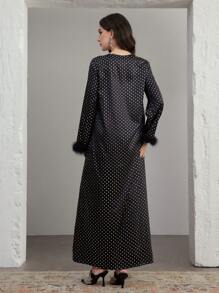 Graceveil Women's V-Neck Loose Polka Dot Silver Foil Furry Elegant Arabic Long Dress Modest - Black - View 2