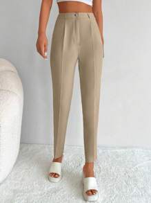 EURMUSE High Waist Button Front Cropped Suit Trousers - Apricot - View 1
