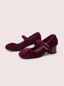 CUCCOO DOLLMOD Thick Heel French Mary Jane Fluffy Women Shoes, Square Toe, Fashionable For Autumn/Winter Valentine's Day - Burgundy - View 6